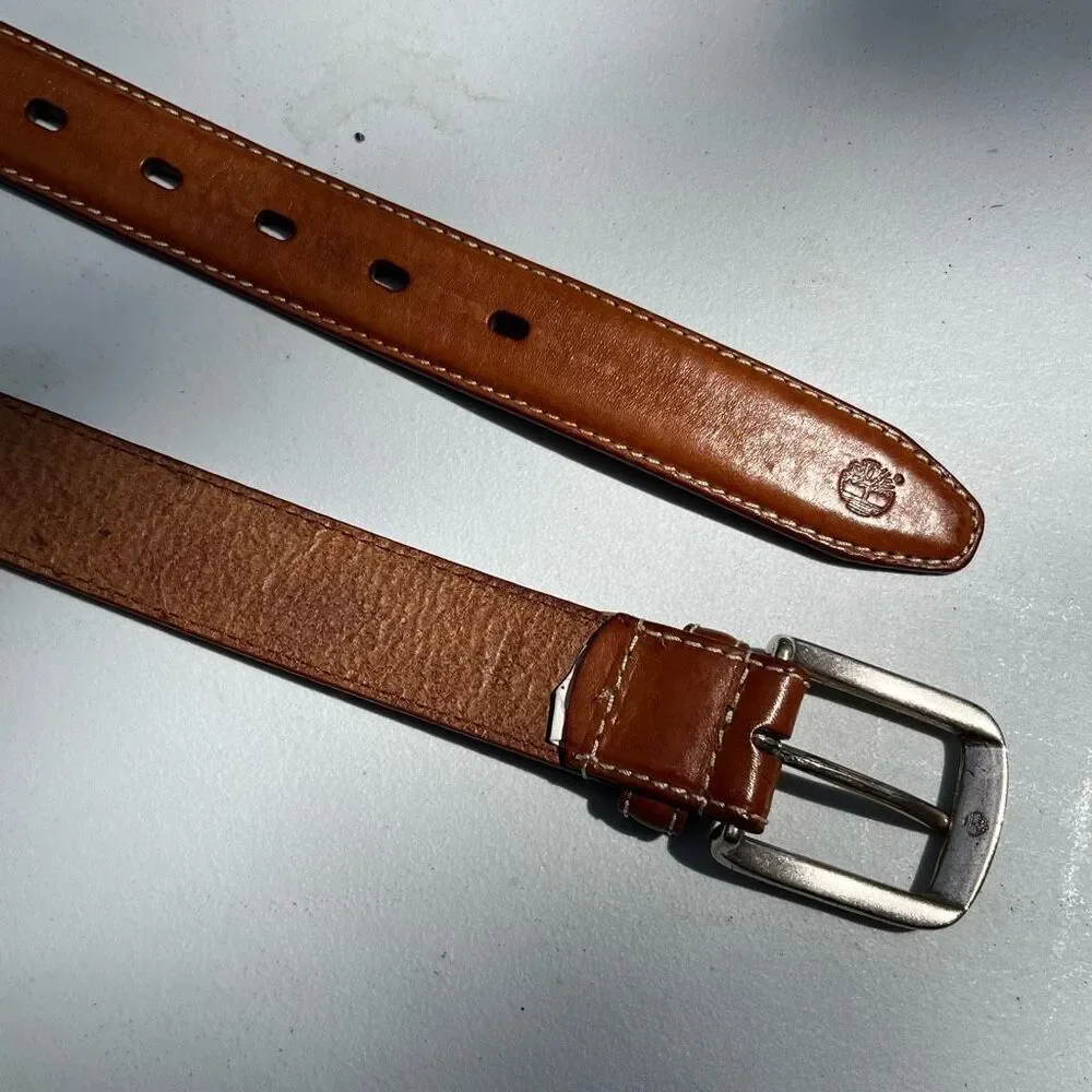 Timberland Tan Leather Belt Sz 34/85 Logo Buckle Contrast Stitching Unisex